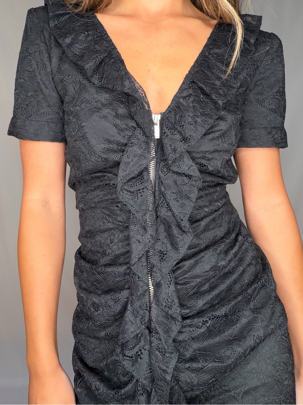 The Kooples Black Ruched V-Neck Zip-Front Mini Dress